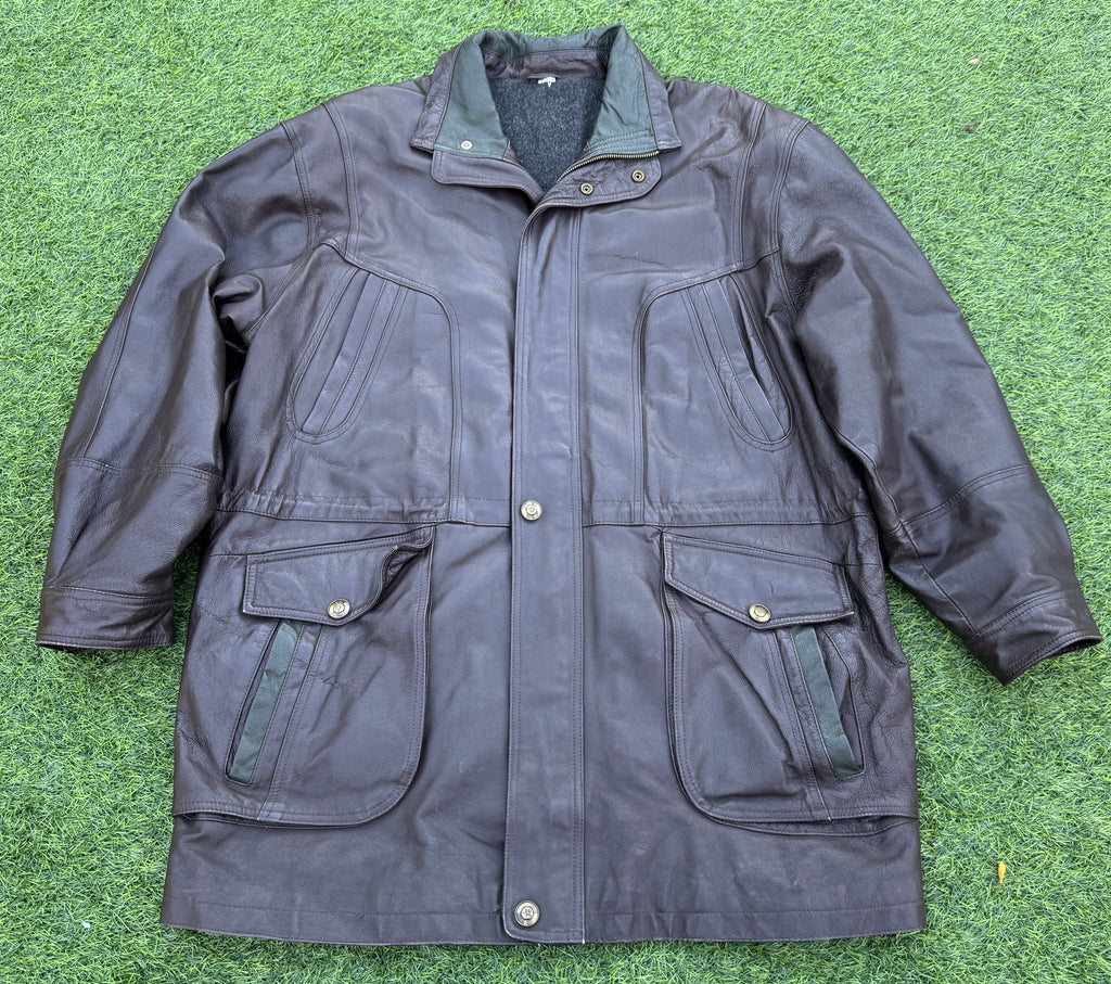 Vintage John B Classic Line Mens Brown Leather Coat Jacket Wool Lined Size XL