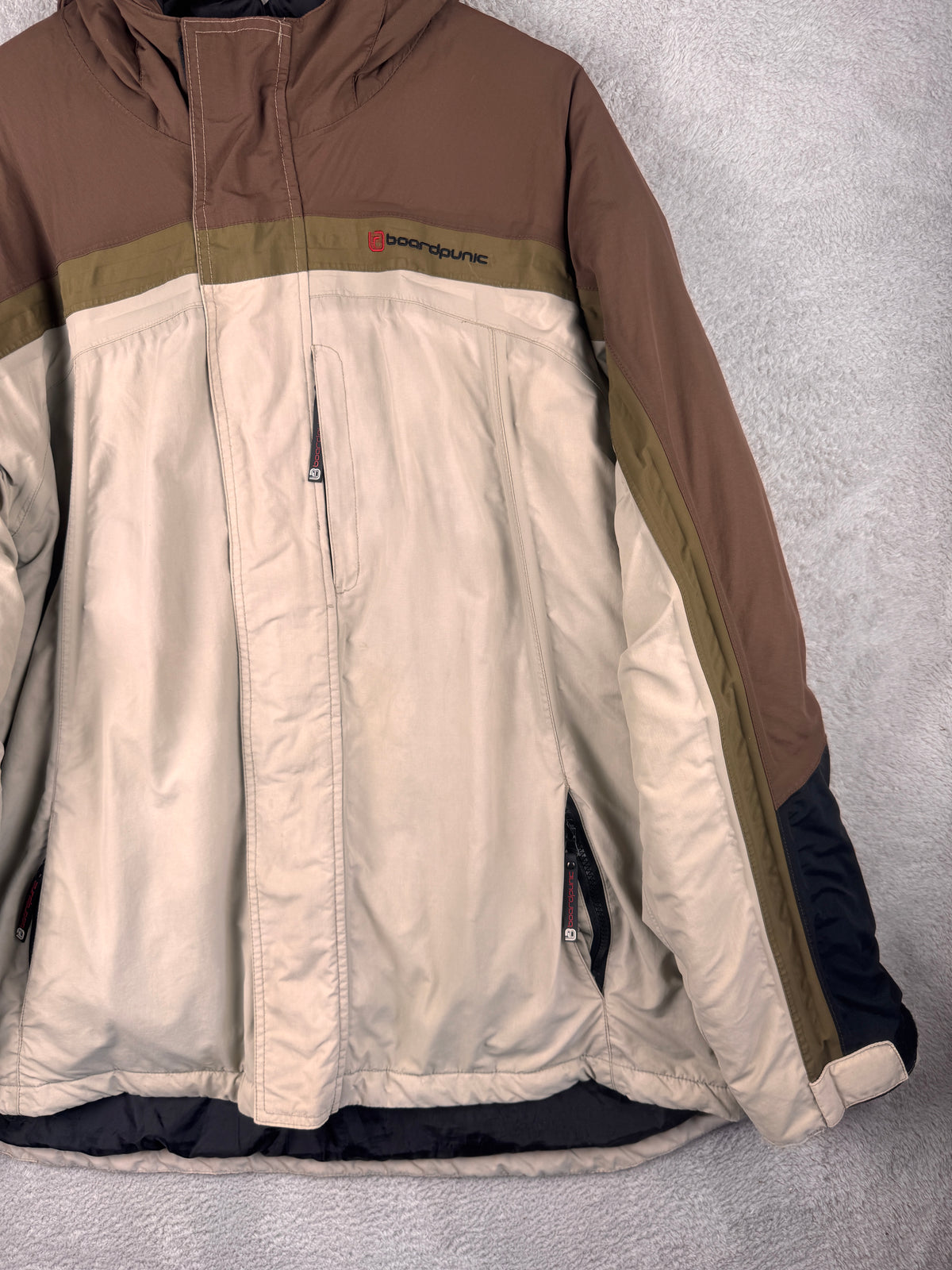 BoardPunk Mens Large Snowboard Ski Jacket Brown Cream Hooded Winter