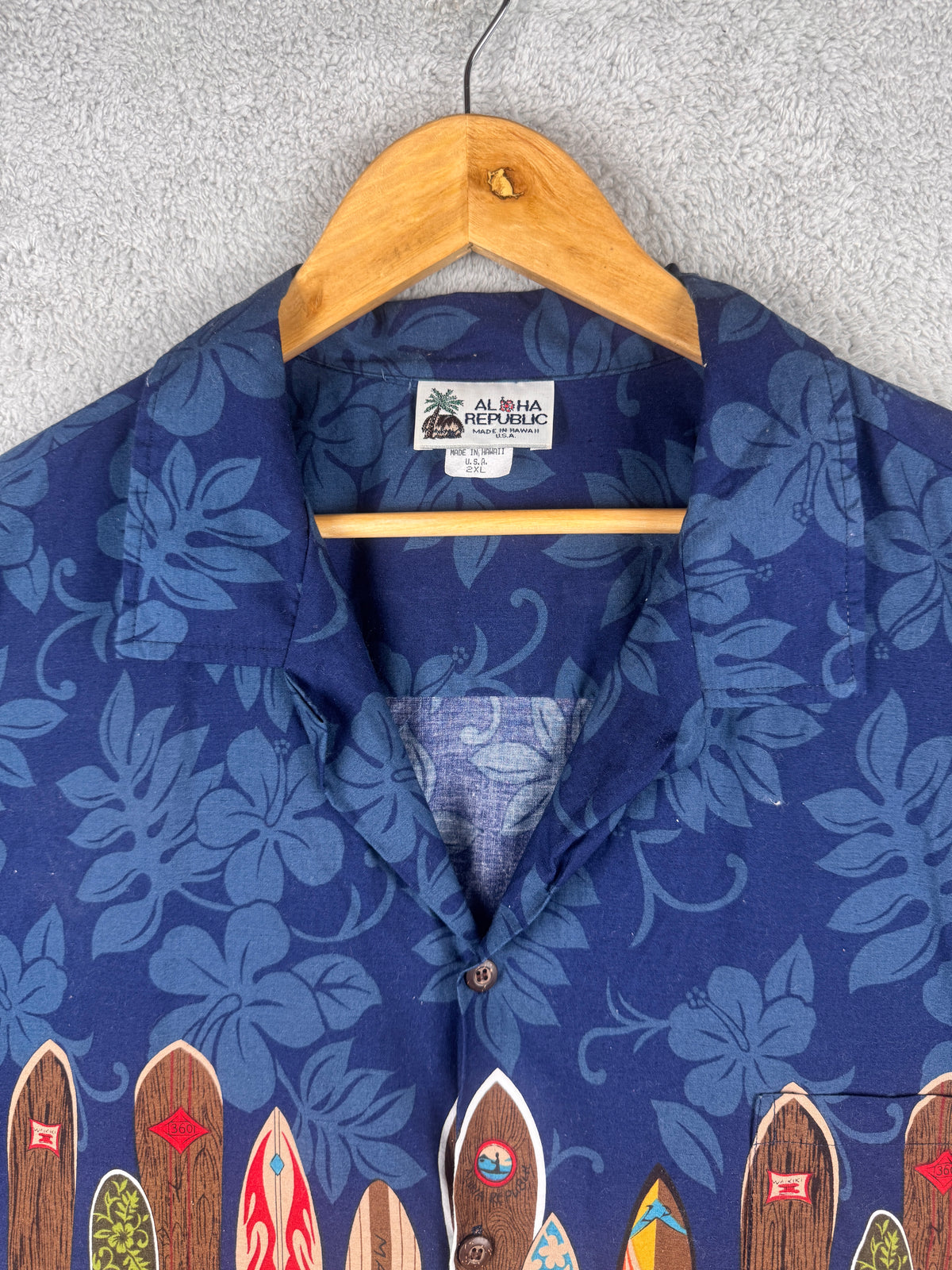Aloha Republic Hawaiian Shirt 2XL Blue Surfboard Hibiscus Made In Hawaii USA