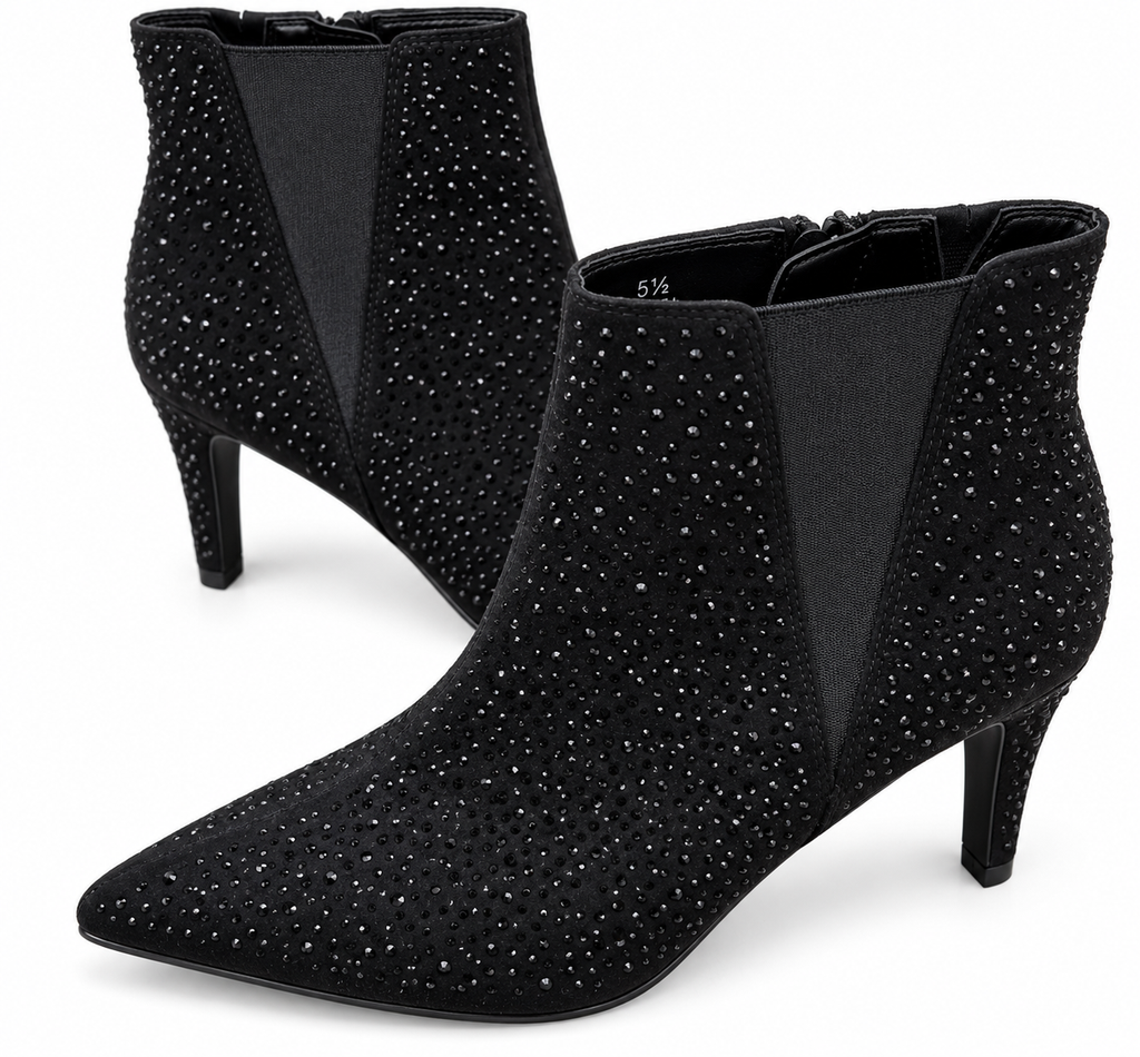 M&S Womens Ankle Boots UK 5.5 Black Diamante Stiletto Heel Pointed Toe Zip