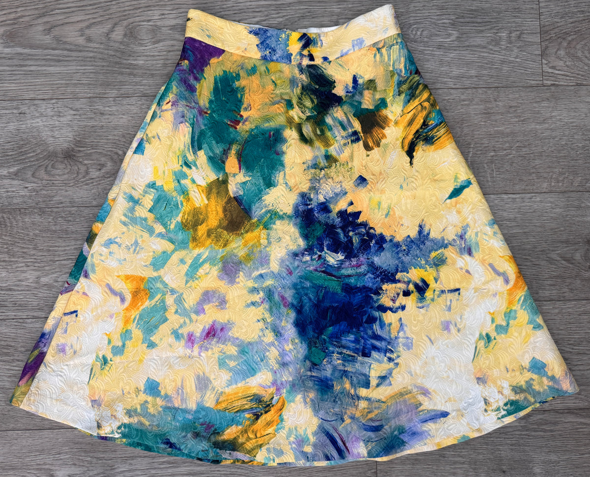 Womens Abstract Print Midi Skirt Colourful Yellow Blue A Line Textured W 30