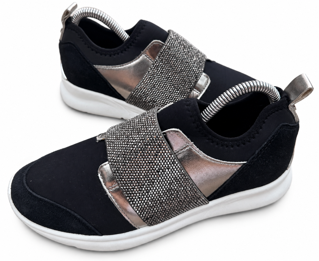 Dune London Womens Trainers Size UK 4 Black Silver Diamante Rhinestone Slip On
