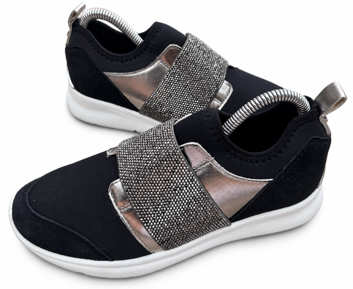 Dune London Womens Trainers Size UK 4 Black Silver Diamante Rhinestone Slip On