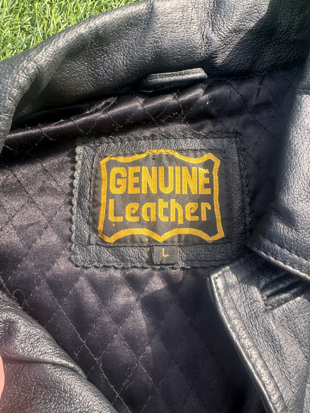 Mens Genuine Leather Jacket Large L Black Vintage Car Coat Button Collared
