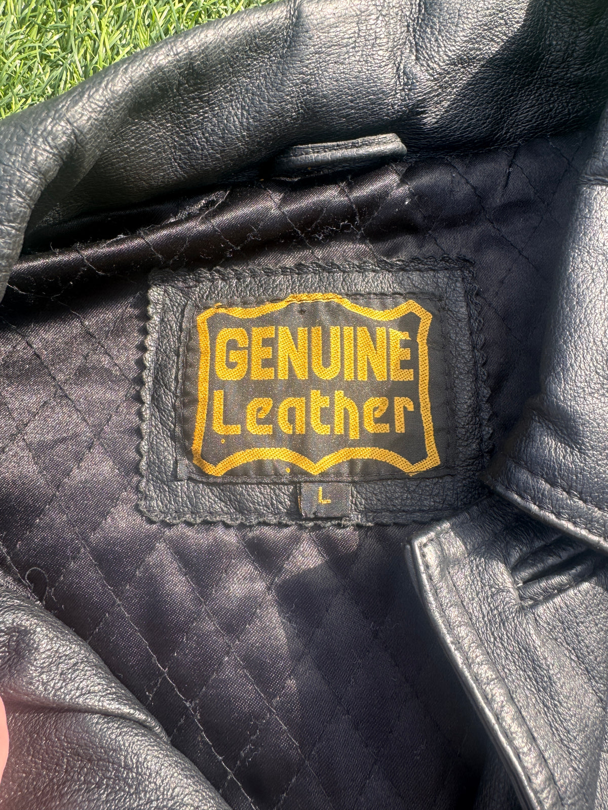 Mens Genuine Leather Jacket Large L Black Vintage Car Coat Button Collared