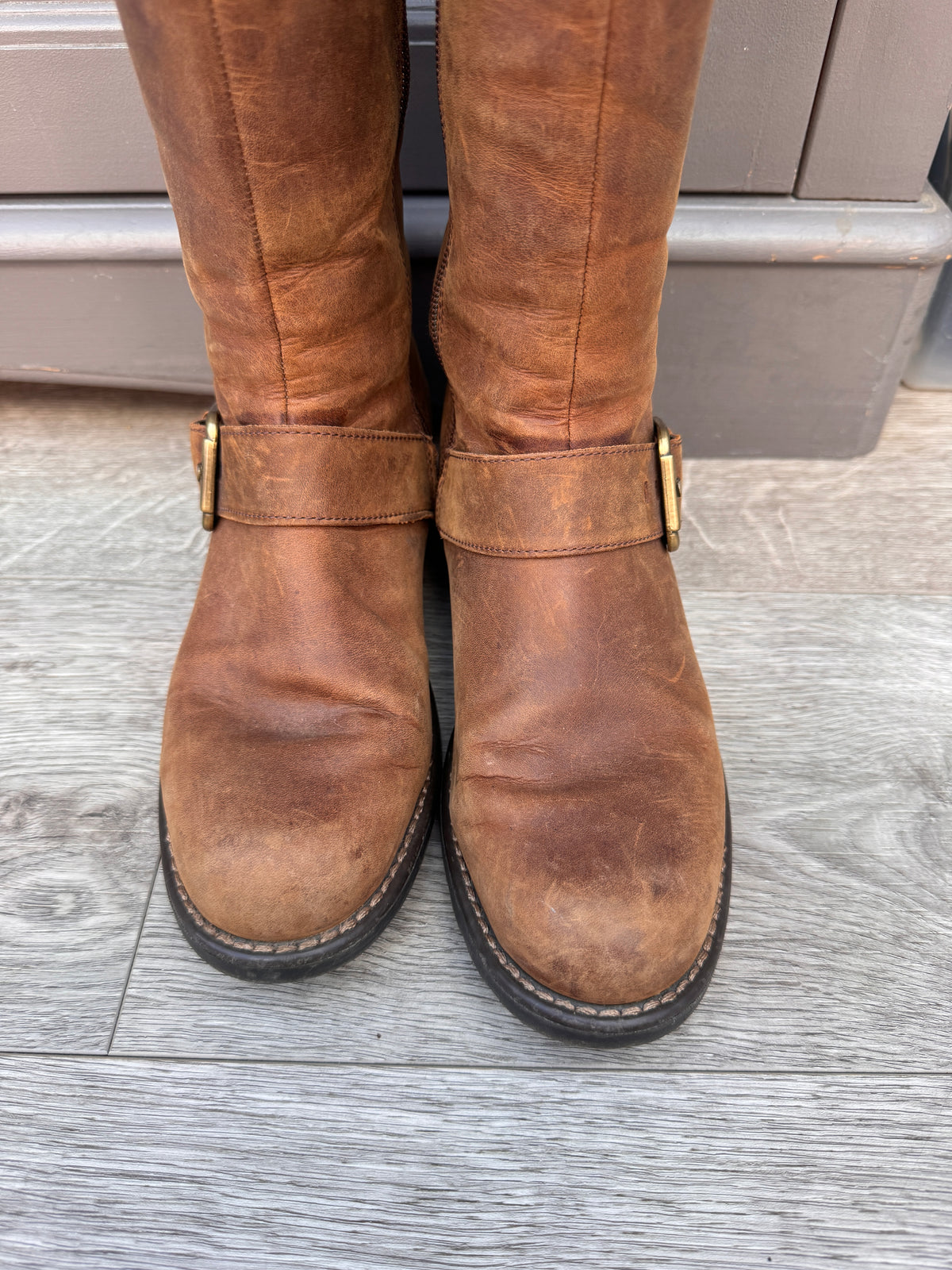 Clarks Womens Brown Leather Knee High Biker Boots Buckle Zip UK 5.5