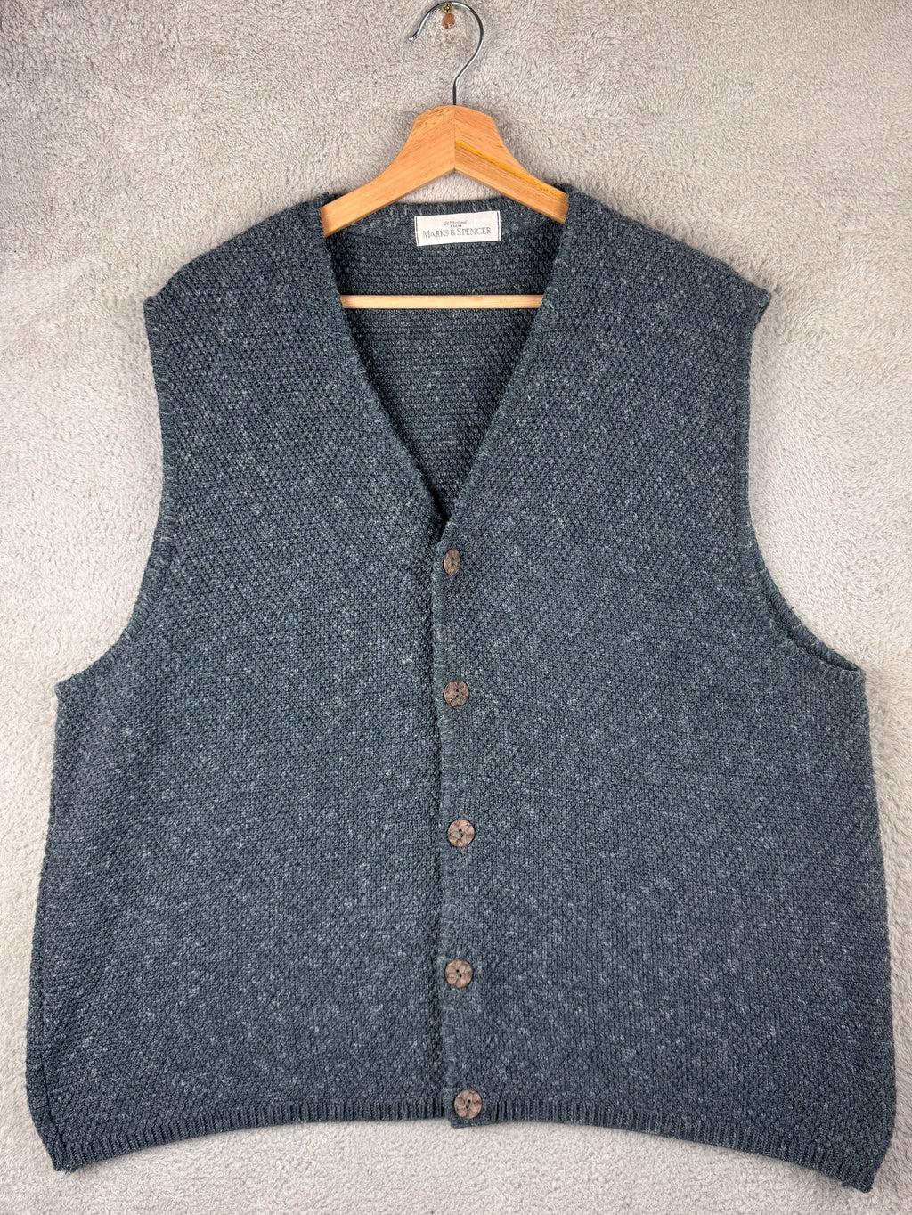 Vintage St Michael M&S Mens XL Blue Knitted Waistcoat Cardigan Vest UK Made