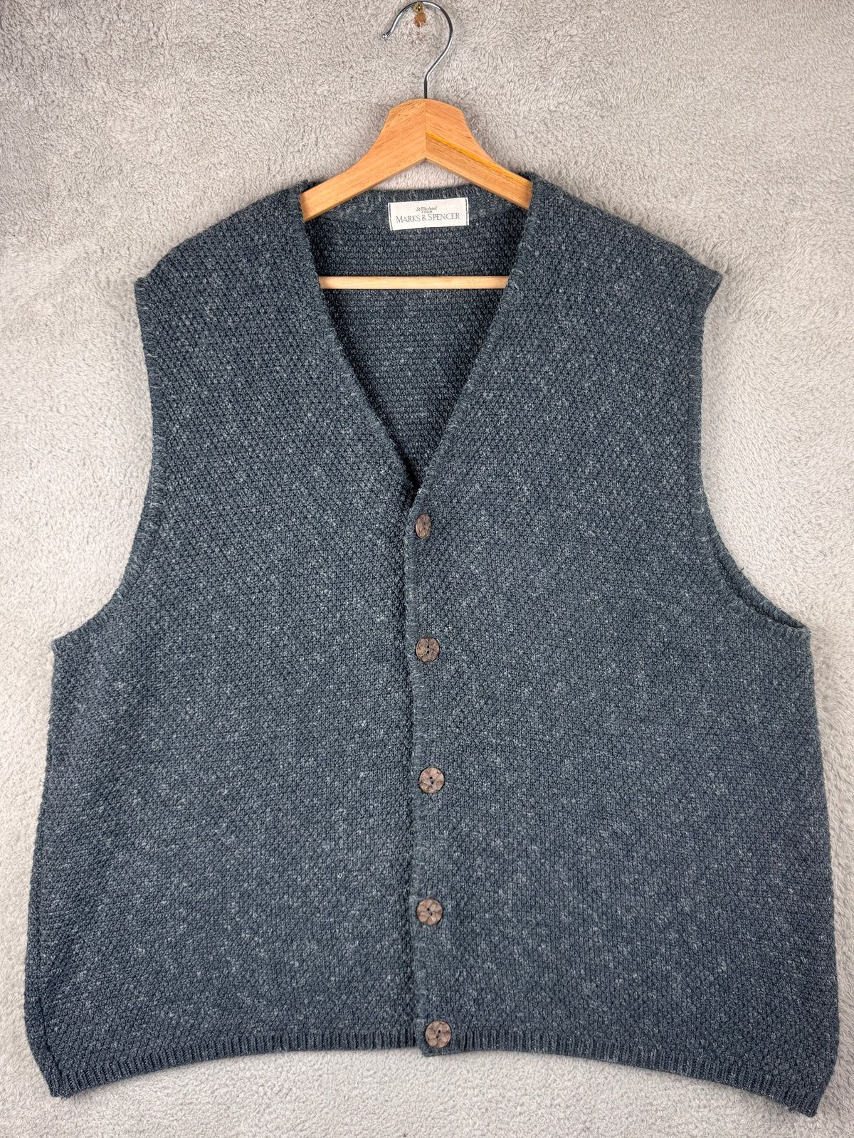 Vintage St Michael M&S Mens XL Blue Knitted Waistcoat Cardigan Vest UK Made