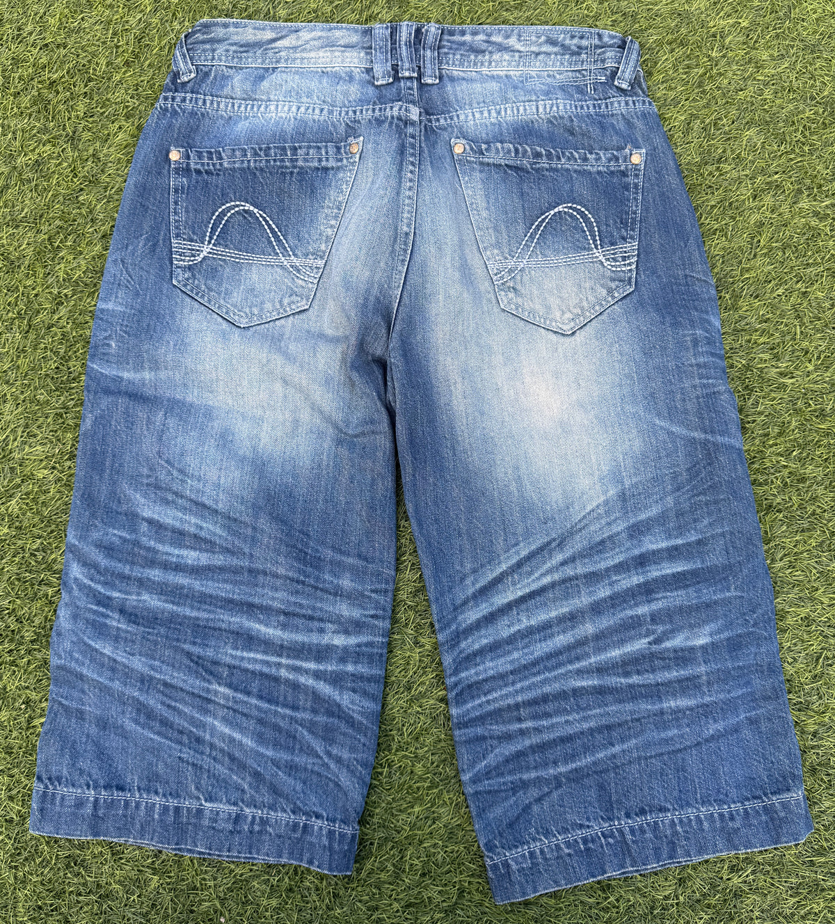 Mens W34 Baggy Denim Jorts Y2K Skater Patchwork Long Shorts Blue
