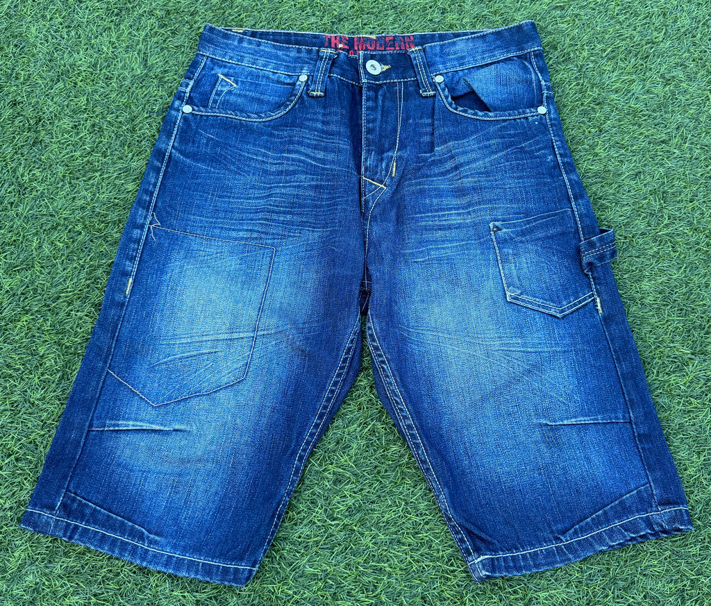 Mens Y2K Denim Cargo Shorts W 32 Blue Baggy Skater Carpenter Long 2000s