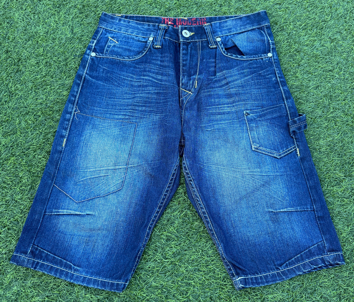 Mens Y2K Denim Cargo Shorts W 32 Blue Baggy Skater Carpenter Long 2000s