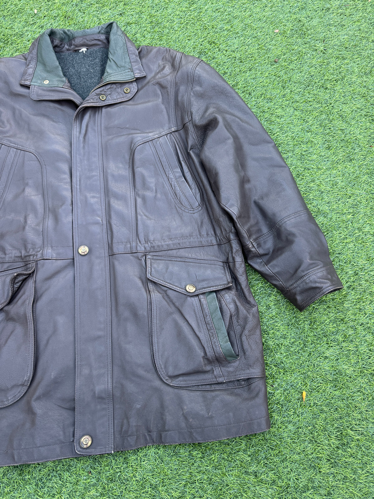 Vintage John B Classic Line Mens Brown Leather Coat Jacket Wool Lined Size XL