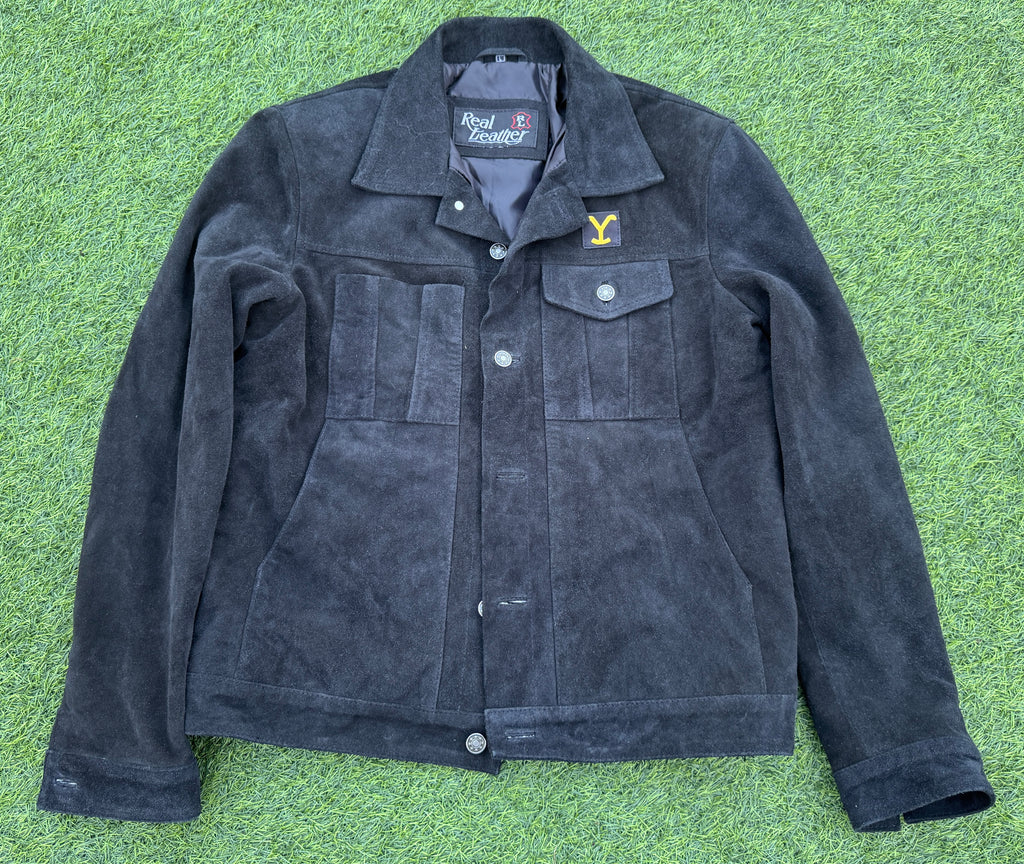 Mens Vintage Black Suede Leather Trucker Jacket Western Ranch Y Patch Size Large