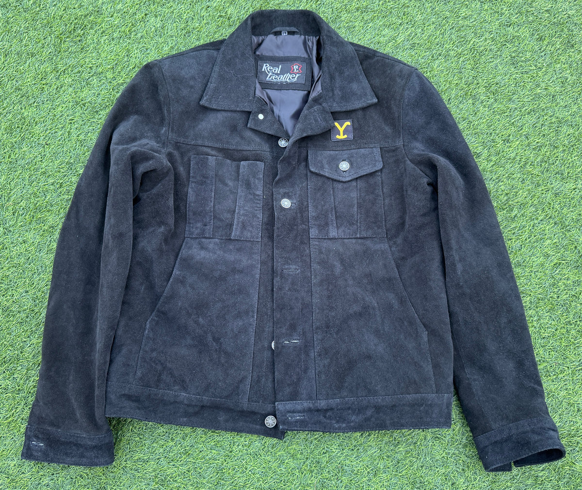 Mens Vintage Black Suede Leather Trucker Jacket Western Ranch Y Patch Size Large