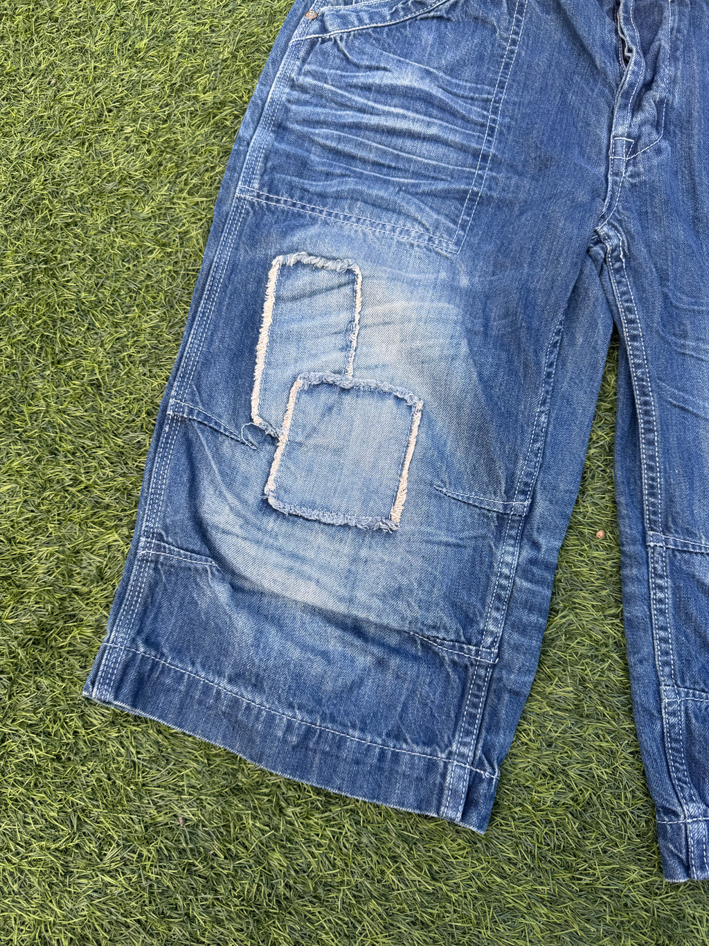Mens W34 Baggy Denim Jorts Y2K Skater Patchwork Long Shorts Blue