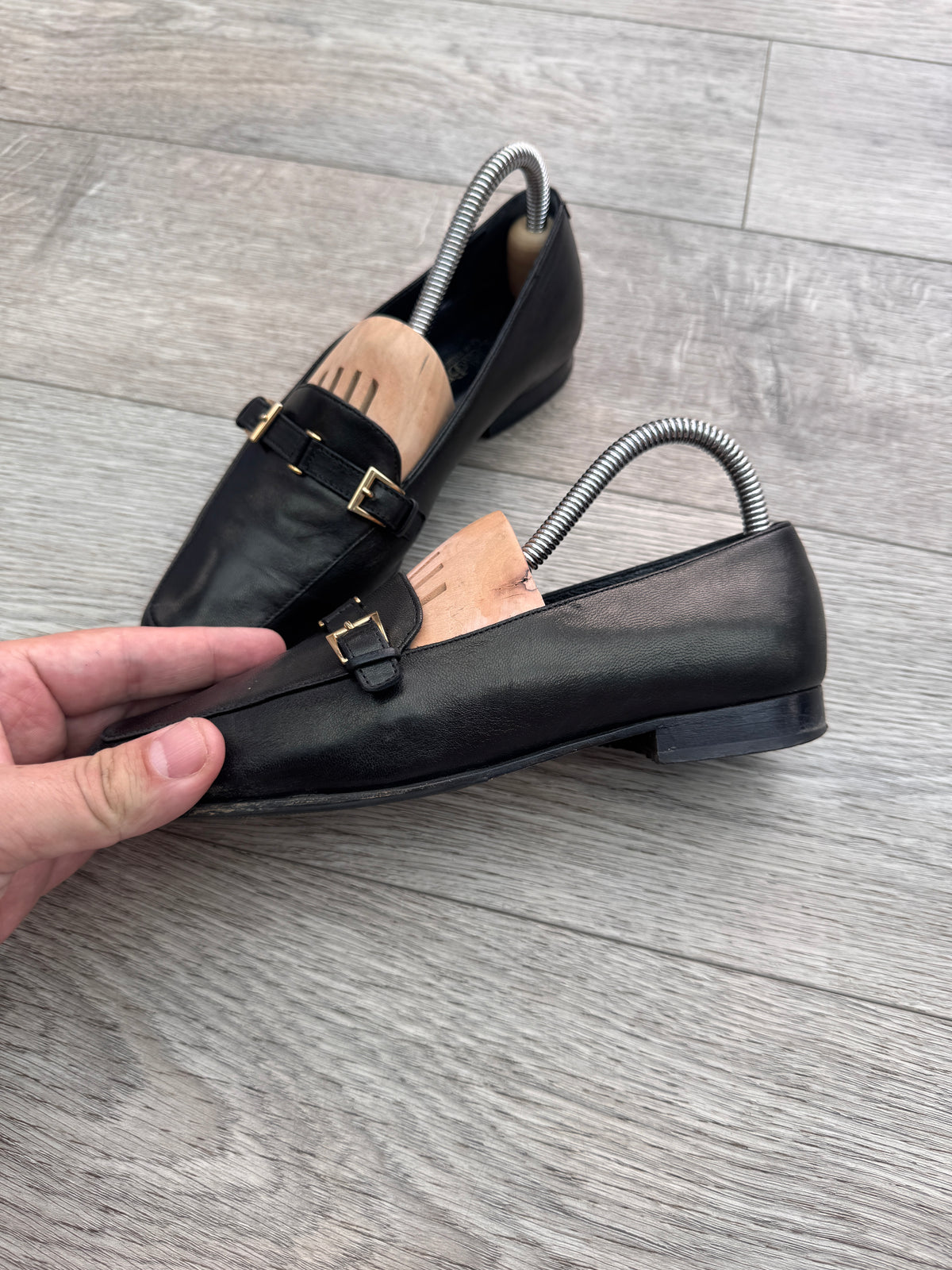 Russell & Bromley Womens Black Leather Loafers Size 4 Gold Buckle Made Italy