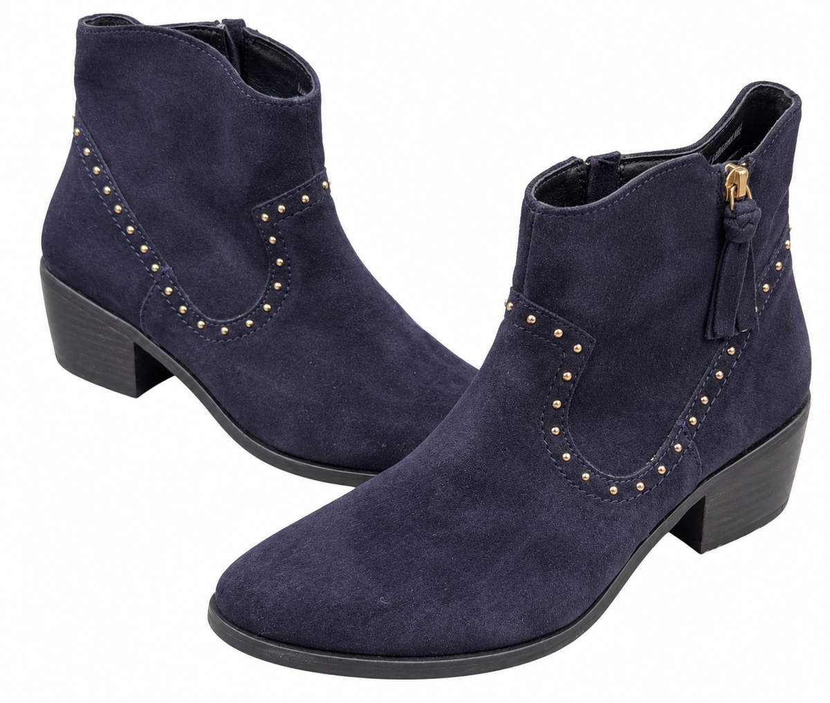 Oliver Bonas Womens Navy Suede Leather Ankle Boots Studded Western Zip UK 5