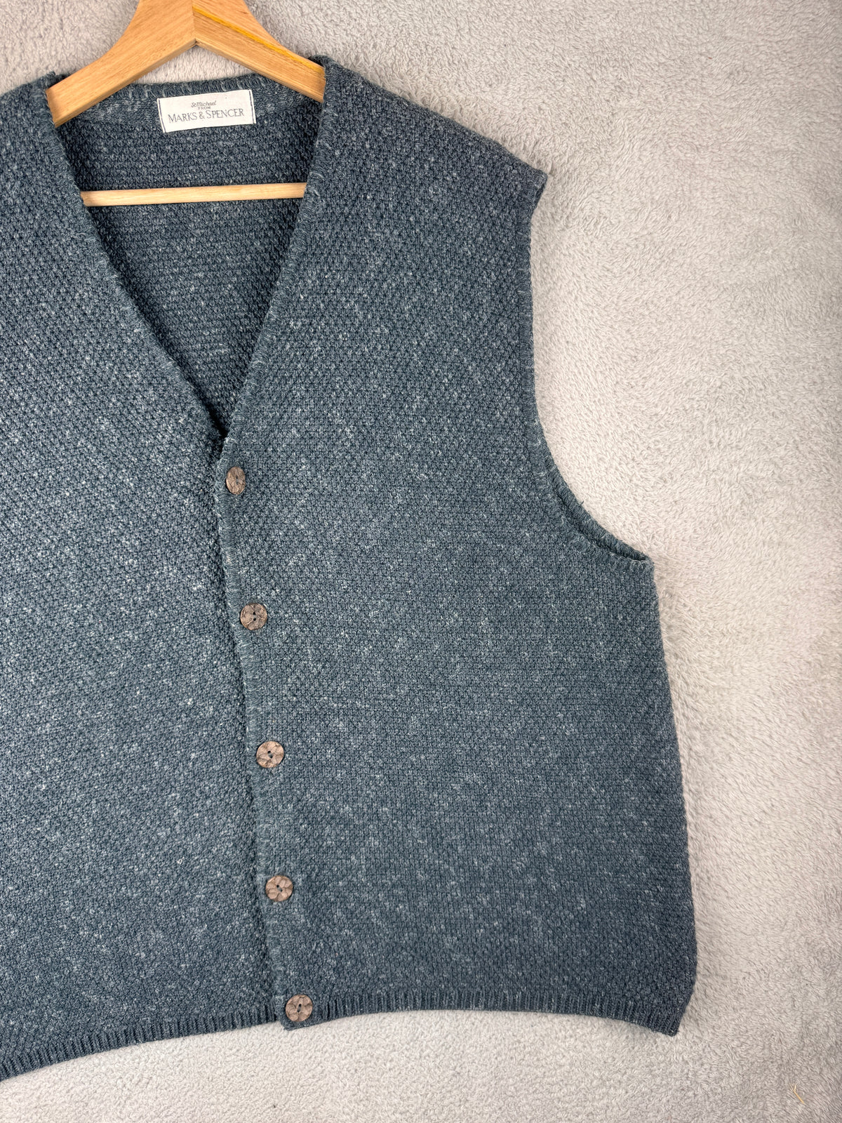 Vintage St Michael M&S Mens XL Blue Knitted Waistcoat Cardigan Vest UK Made