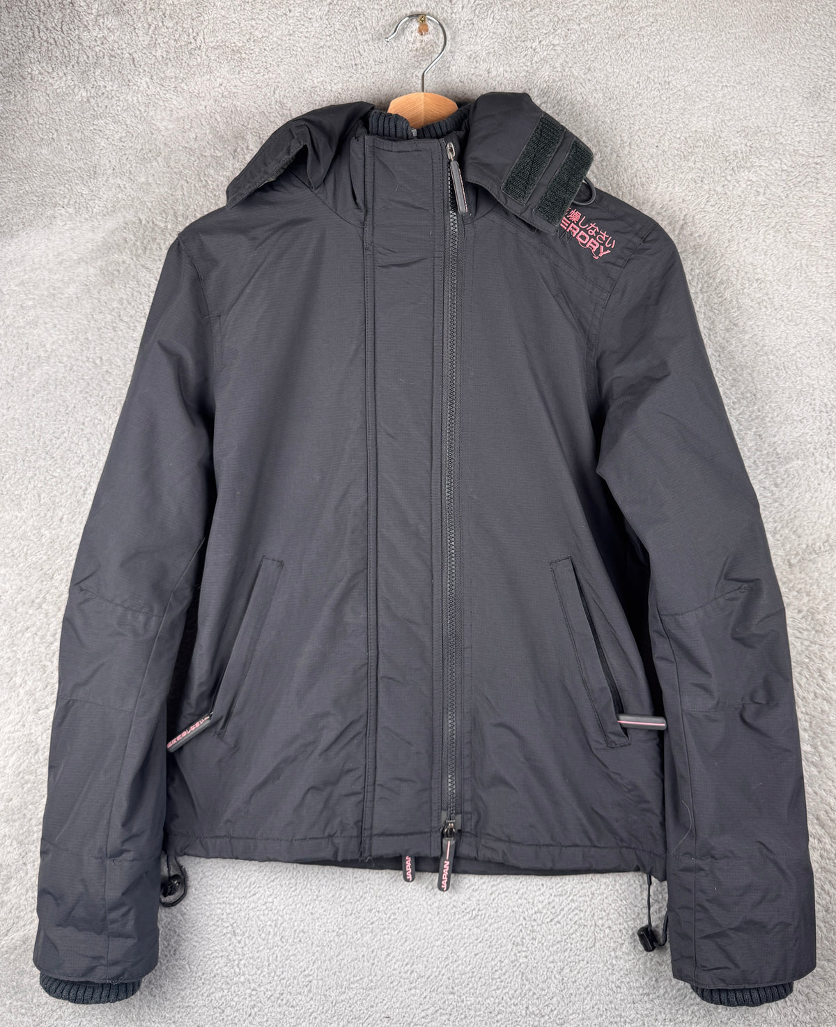Superdry Womens Small Windcheater Jacket Black Pink Fleece Lined Hooded Coat
