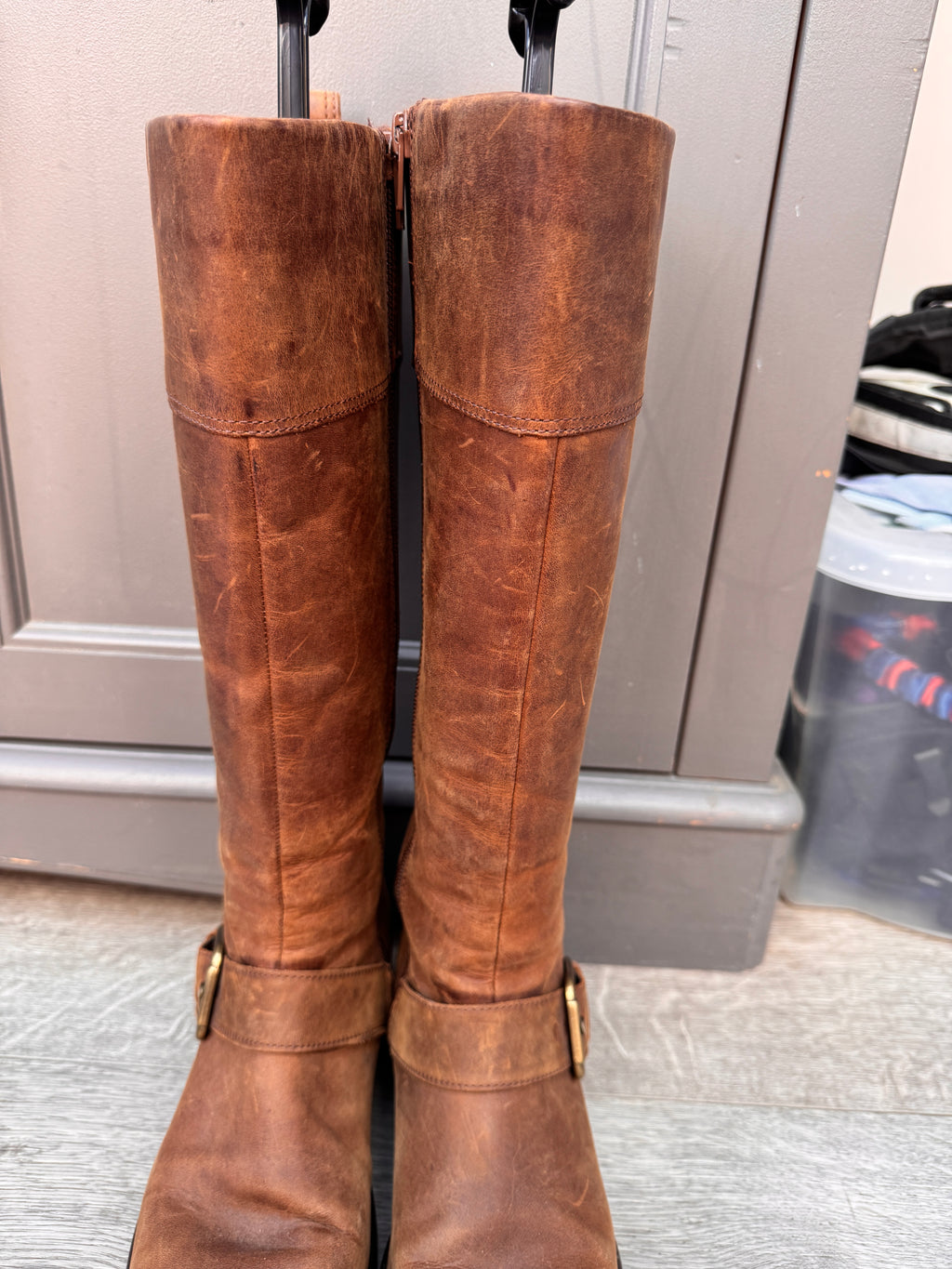 Clarks Womens Brown Leather Knee High Biker Boots Buckle Zip UK 5.5