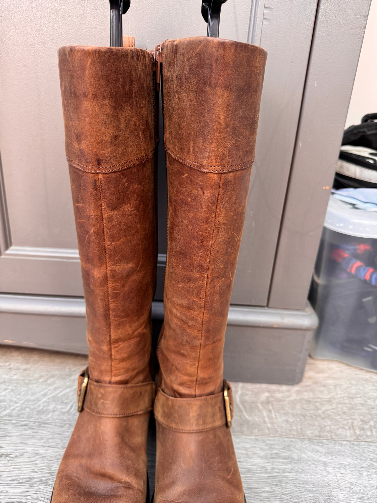 Clarks Womens Brown Leather Knee High Biker Boots Buckle Zip UK 5.5