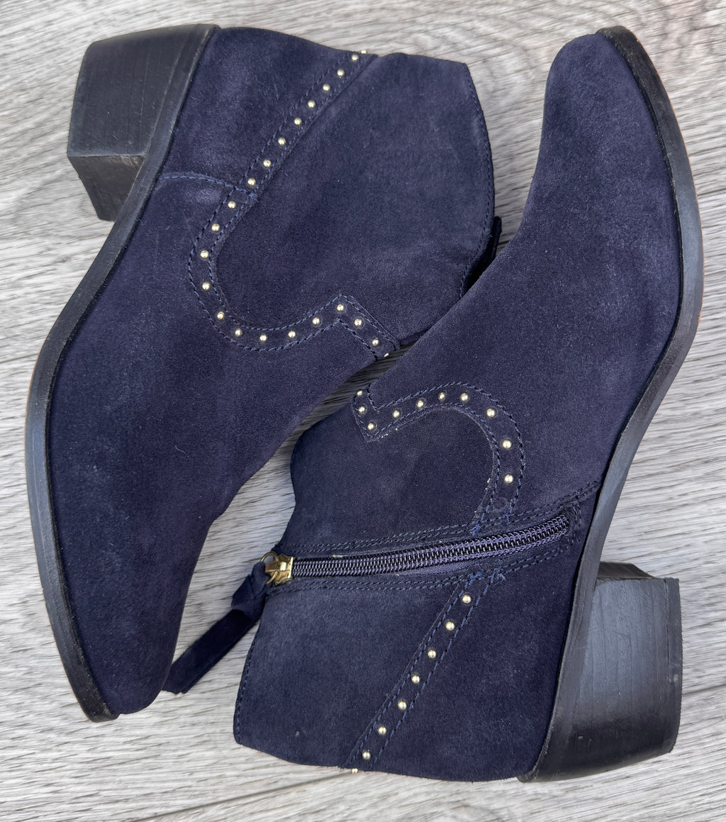 Oliver Bonas Womens Navy Suede Leather Ankle Boots Studded Western Zip UK 5