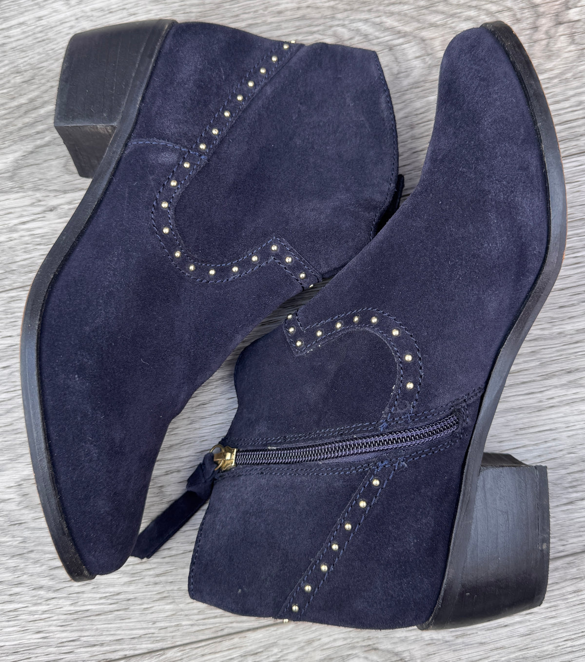 Oliver Bonas Womens Navy Suede Leather Ankle Boots Studded Western Zip UK 5
