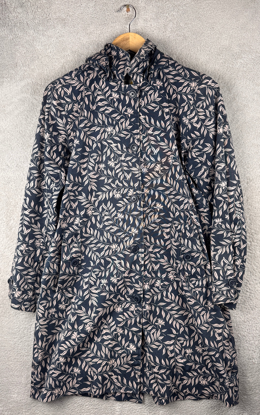 Seasalt Cornwall Seaside Mac Womens UK 12 Navy Floral Rain Coat Organic Cotton
