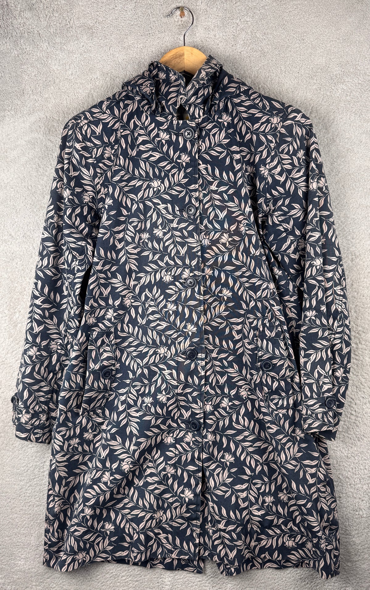 Seasalt Cornwall Seaside Mac Womens UK 12 Navy Floral Rain Coat Organic Cotton