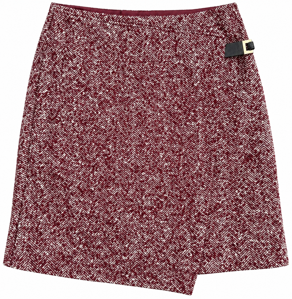 M&S Womens Skirt UK 12 Burgundy Wool Blend Herringbone Wrap Mini