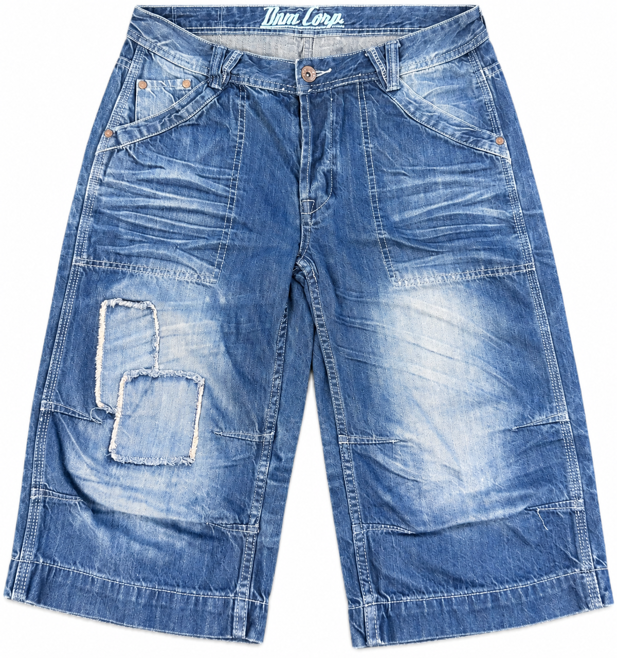Mens W34 Baggy Denim Jorts Y2K Skater Patchwork Long Shorts Blue