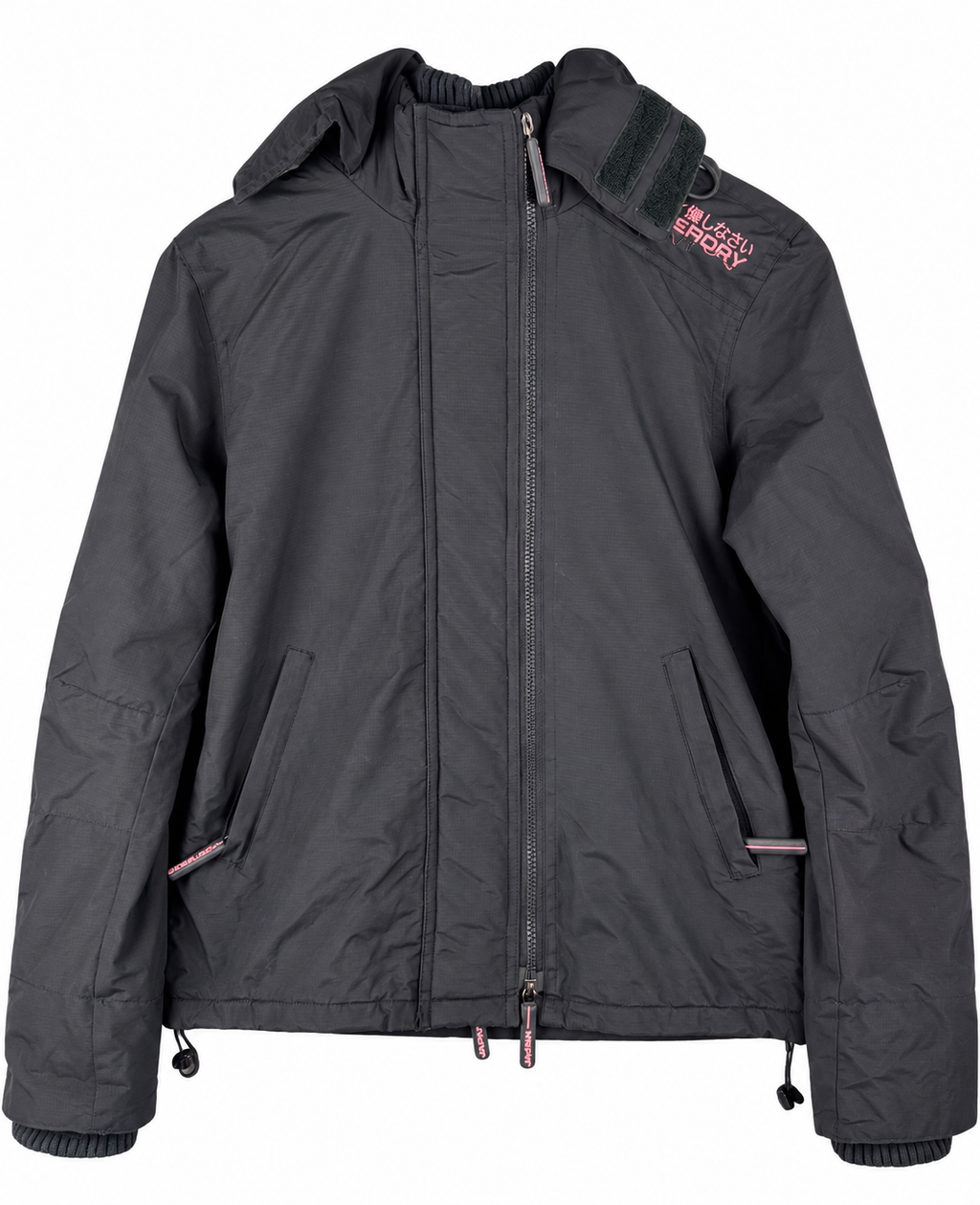 Superdry Womens Small Windcheater Jacket Black Pink Fleece Lined Hooded Coat