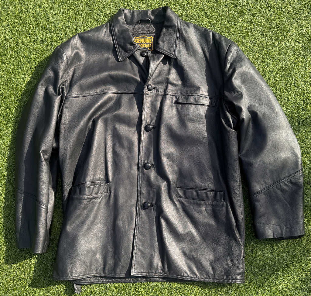 Mens Genuine Leather Jacket Large L Black Vintage Car Coat Button Collared