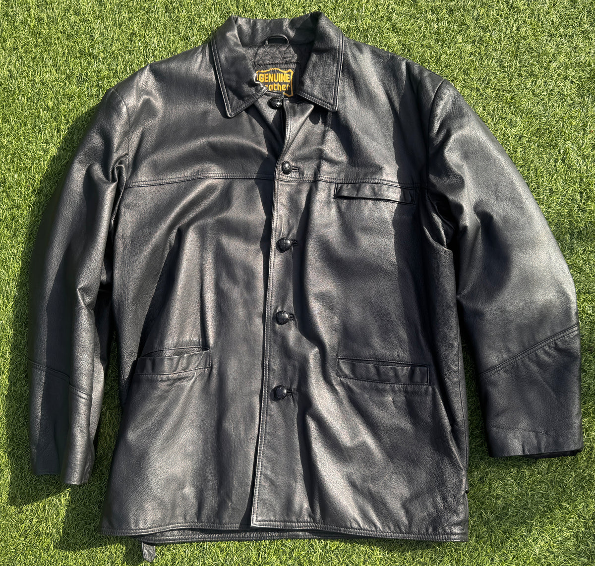 Mens Genuine Leather Jacket Large L Black Vintage Car Coat Button Collared