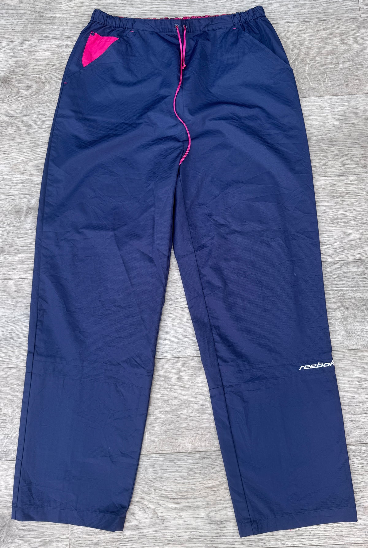 Vintage Reebok Womens Shell Track Pants UK 16 Navy Pink 90s Retro
