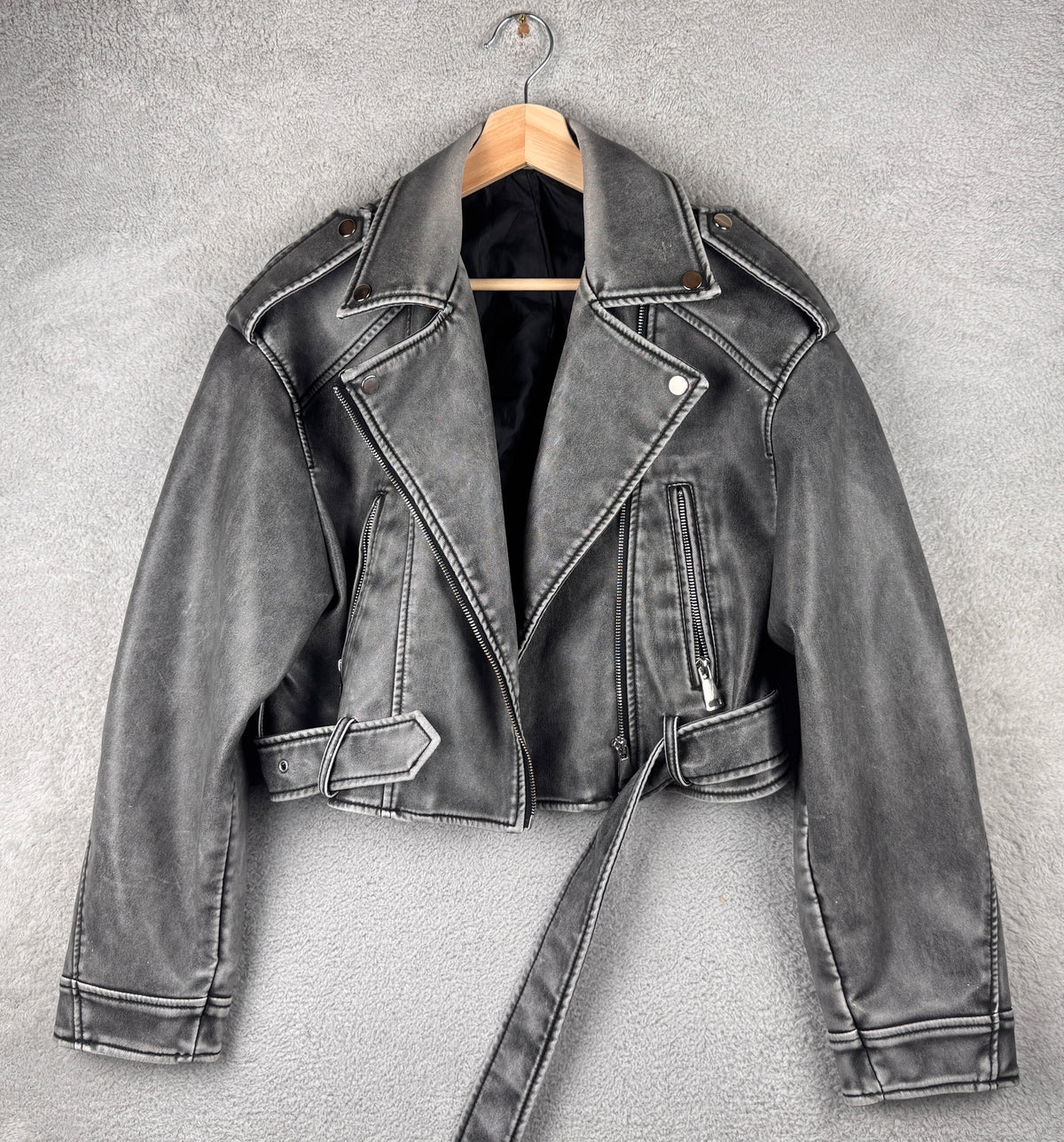 MOCHY TU Womens Grey Faux Leather Biker Jacket Cropped Moto Belted Zip Small