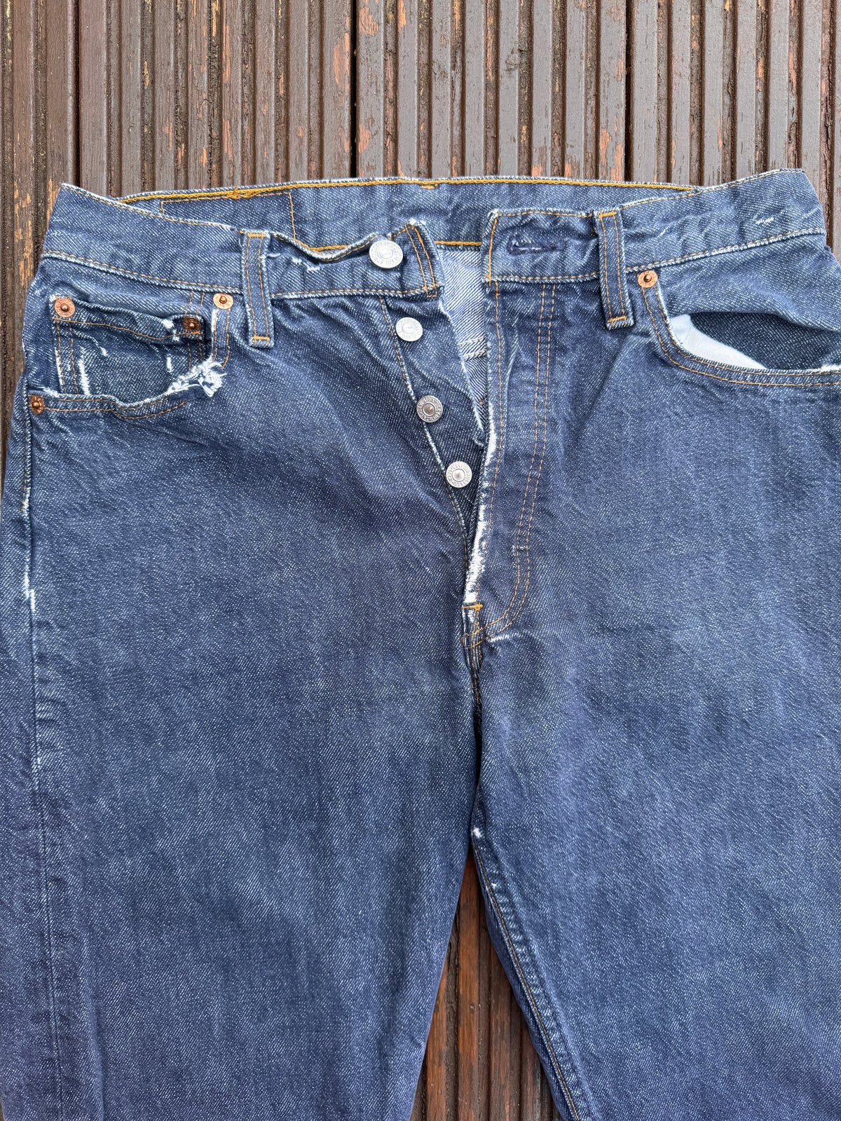 Levis 501 Mens Jeans W30 L30 Blue Denim Straight Leg Distressed Button Fly