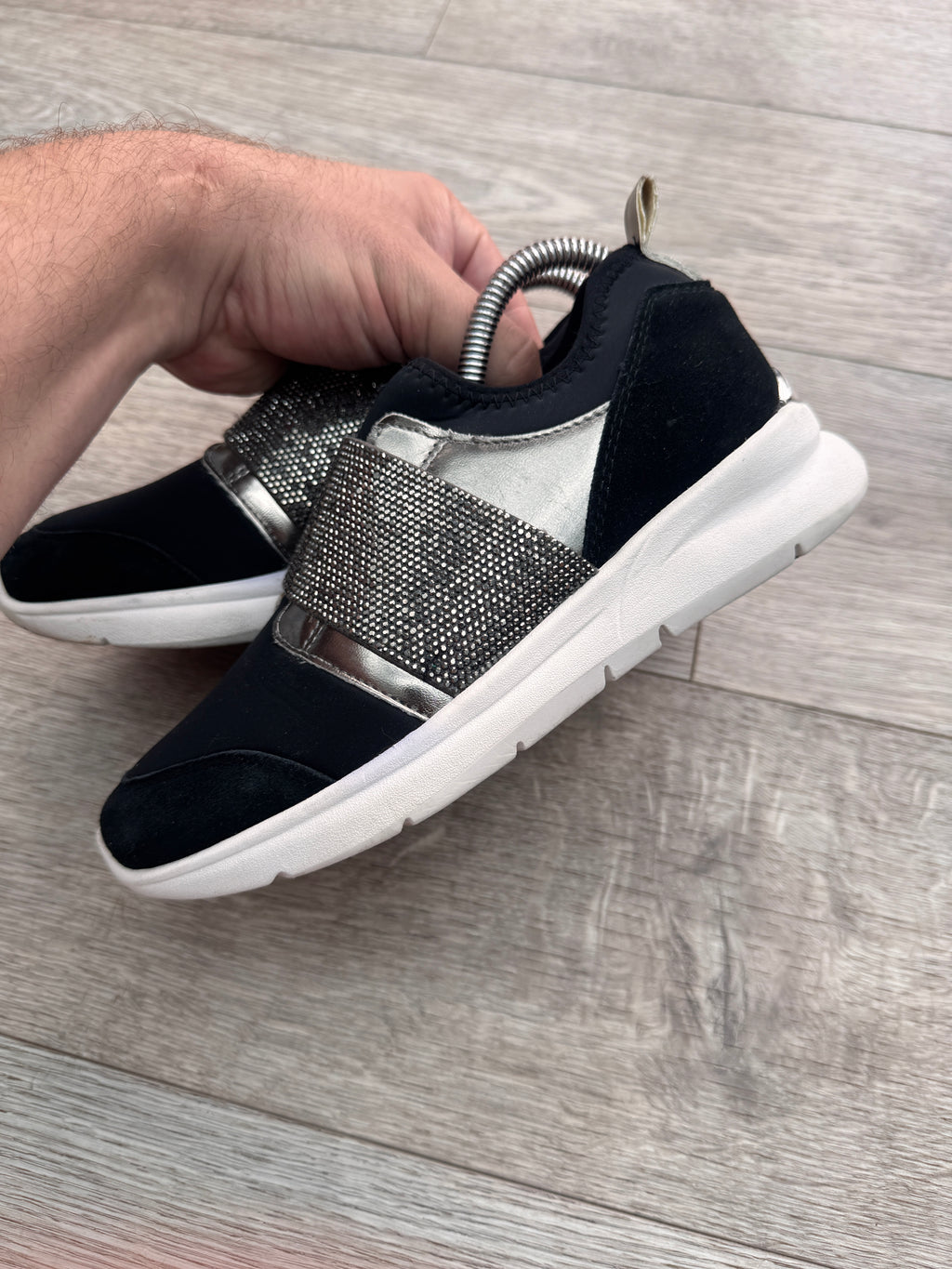 Dune London Womens Trainers Size UK 4 Black Silver Diamante Rhinestone Slip On
