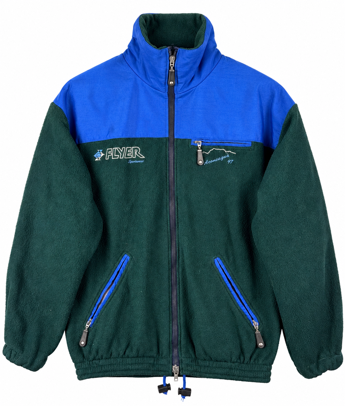 Vintage 90s Flyer Italy Mens Medium Fleece Jacket Green Blue Aconcagua 97 Retro