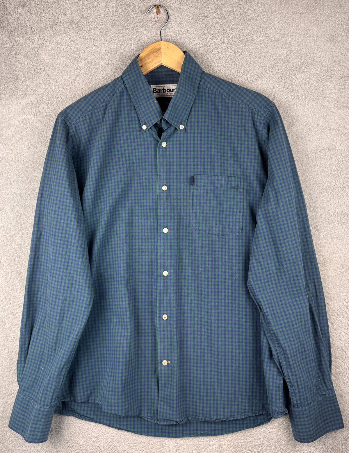 Barbour Mens Shirt Large Blue Green Gingham Check Tailored Fit