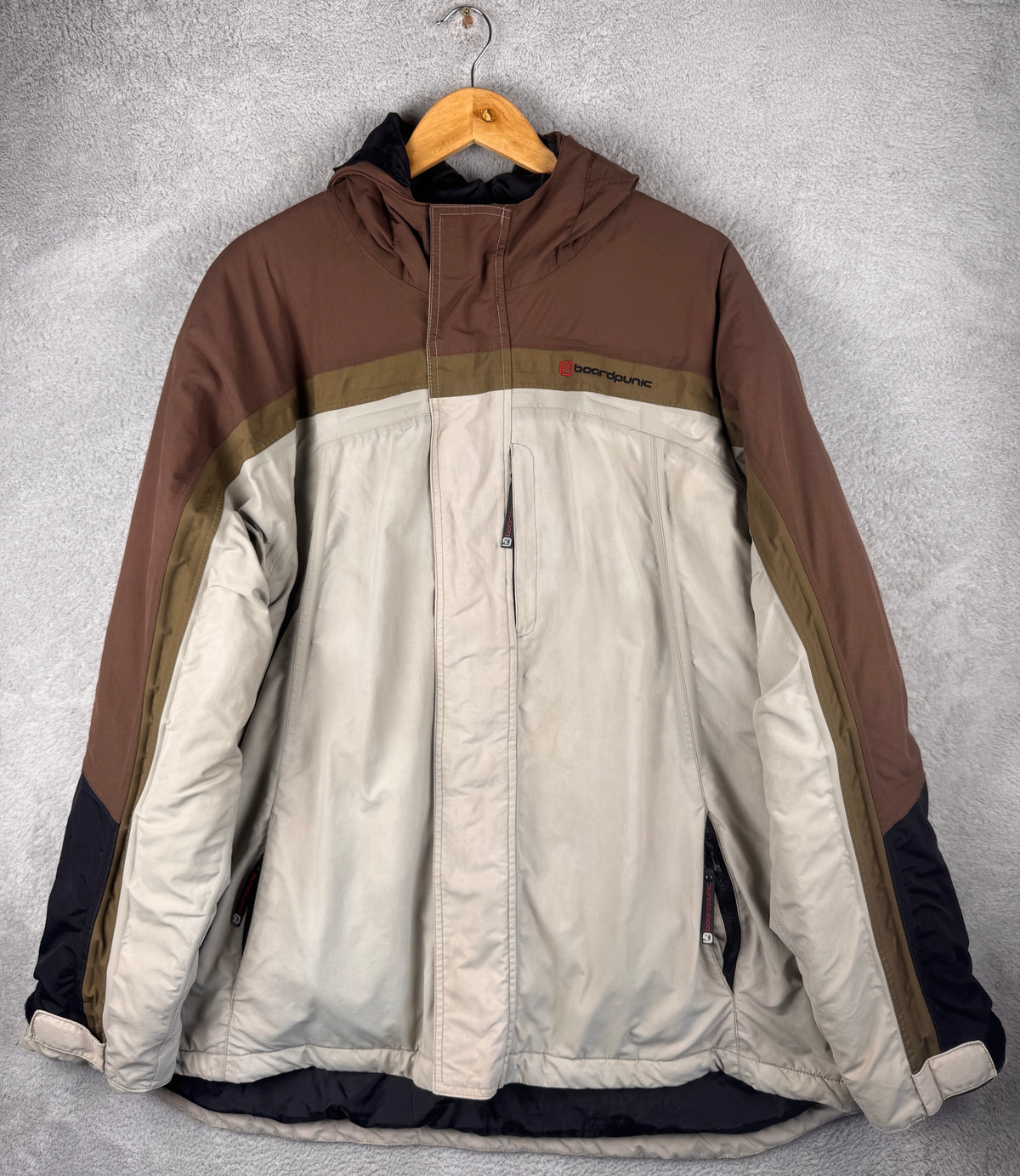 BoardPunk Mens Large Snowboard Ski Jacket Brown Cream Hooded Winter