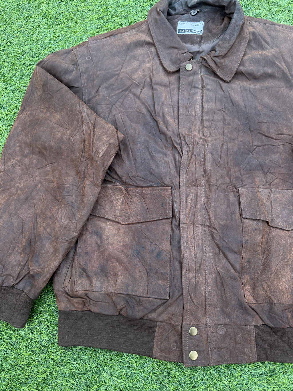 Rover & Lakes Mens XL Brown Leather Bomber Jacket Vintage Distressed