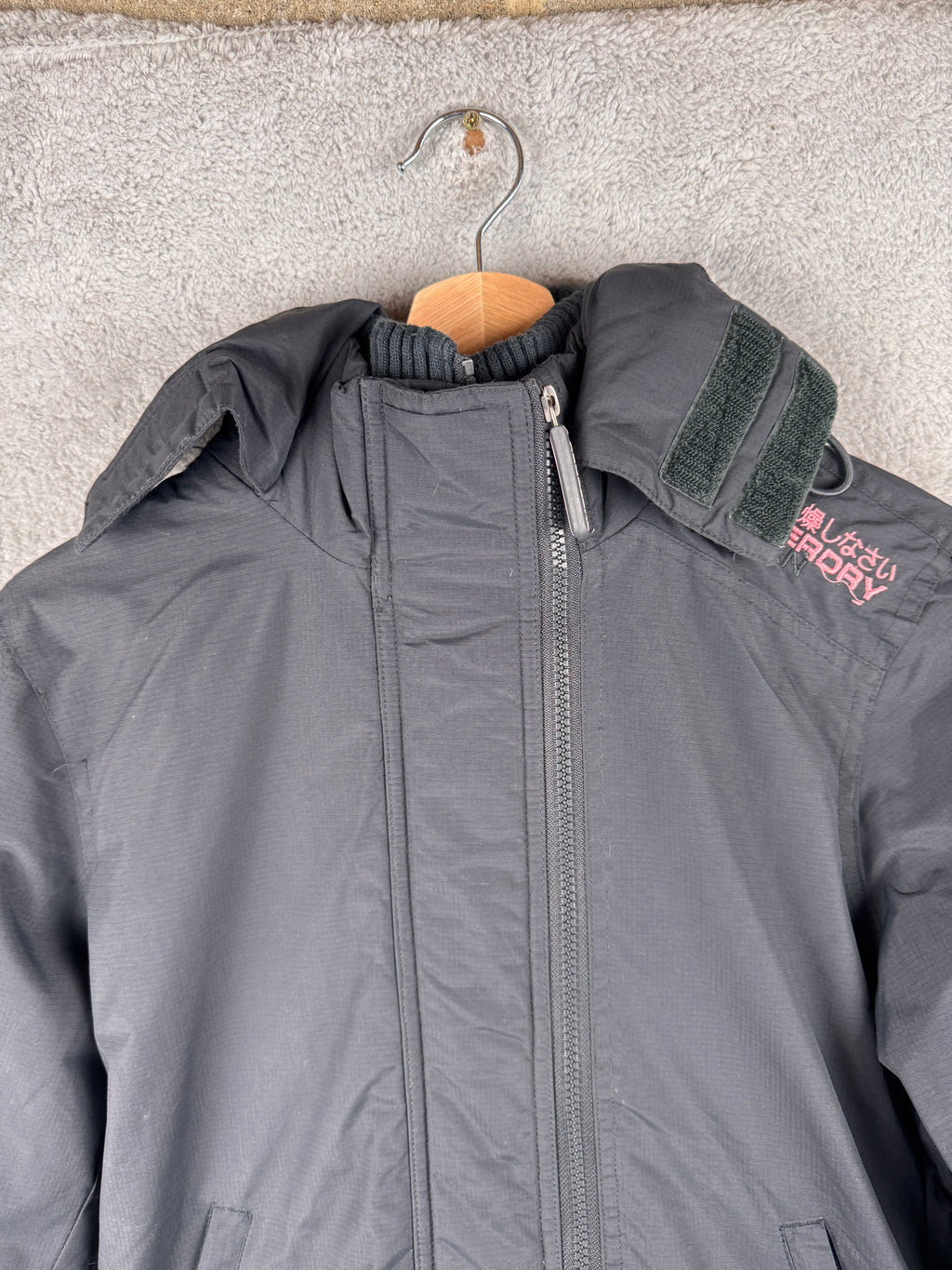 Superdry Womens Small Windcheater Jacket Black Pink Fleece Lined Hooded Coat