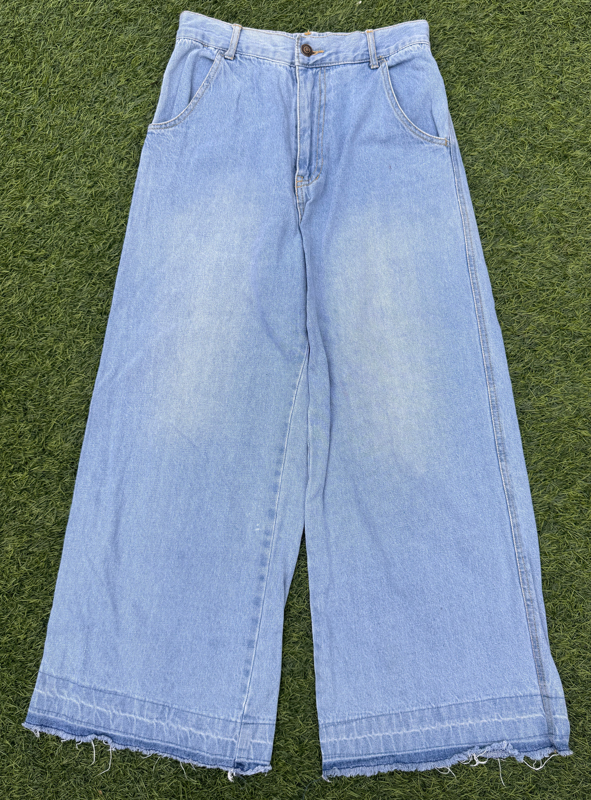 Womens Light Blue Wide Leg Jeans High Waist Baggy Raw Hem Y2K Denim W28