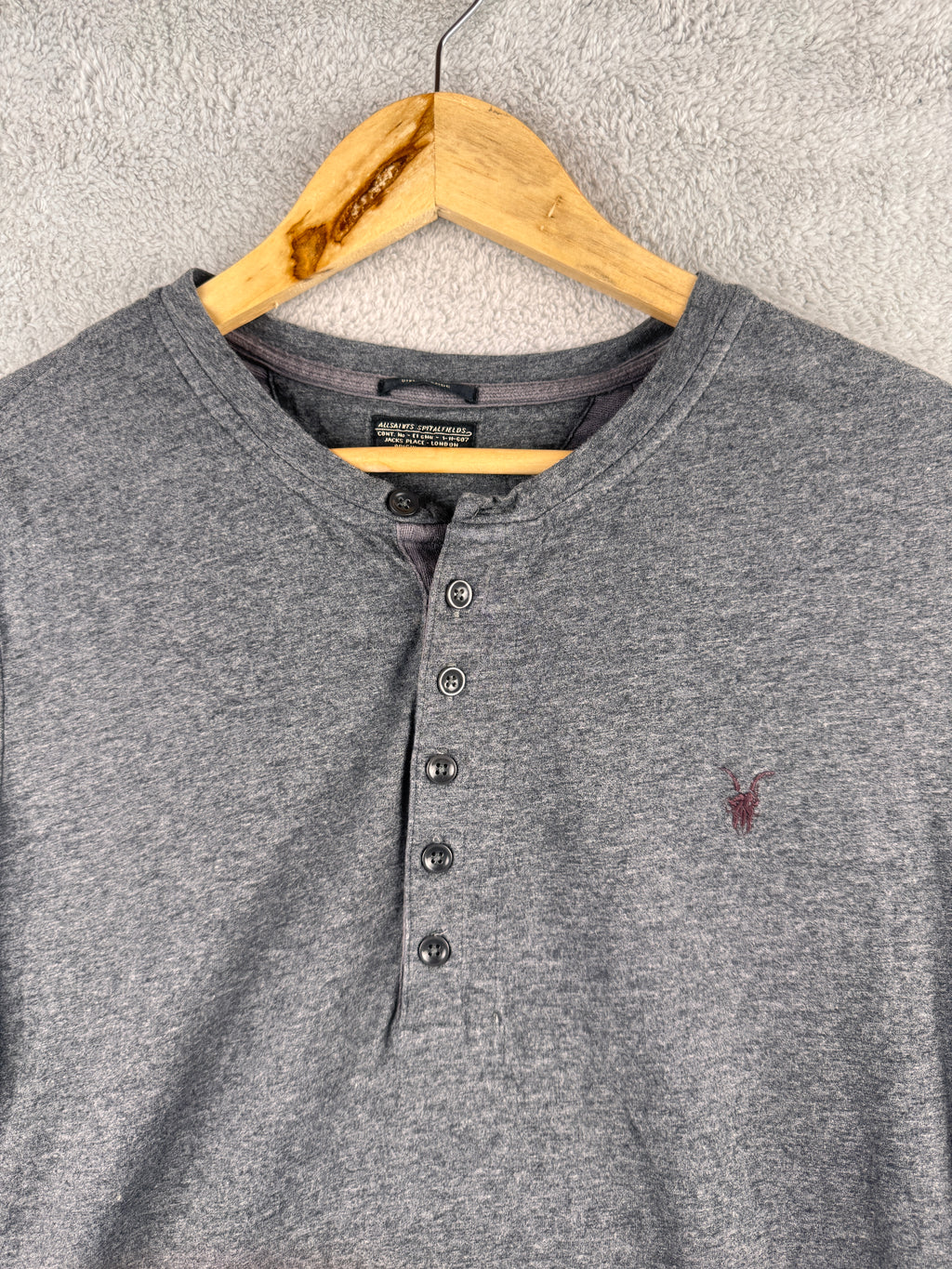 AllSaints Spitalfields Mens Grey Henley Long Sleeve T Shirt Top Large