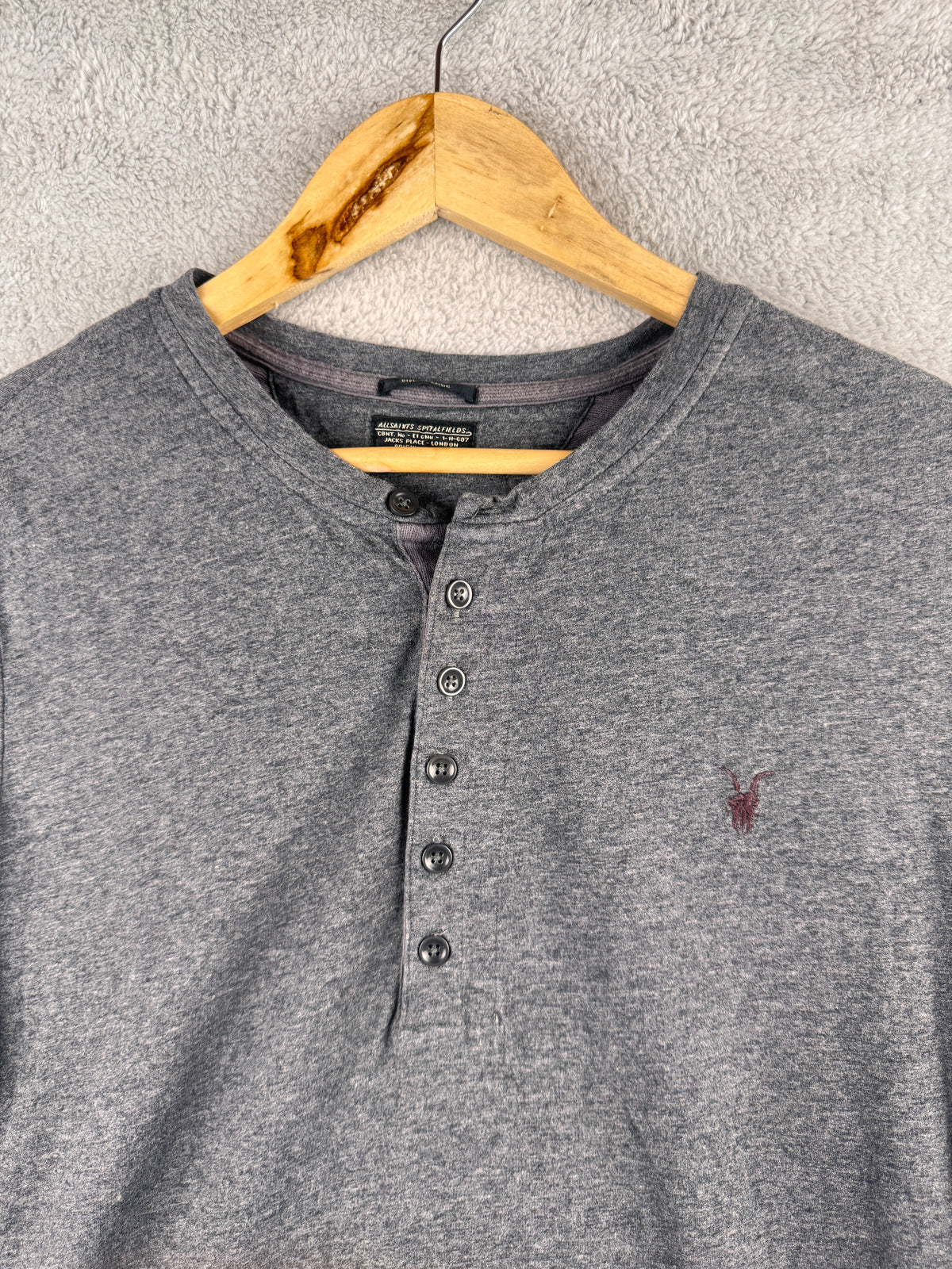 AllSaints Spitalfields Mens Grey Henley Long Sleeve T Shirt Top Large