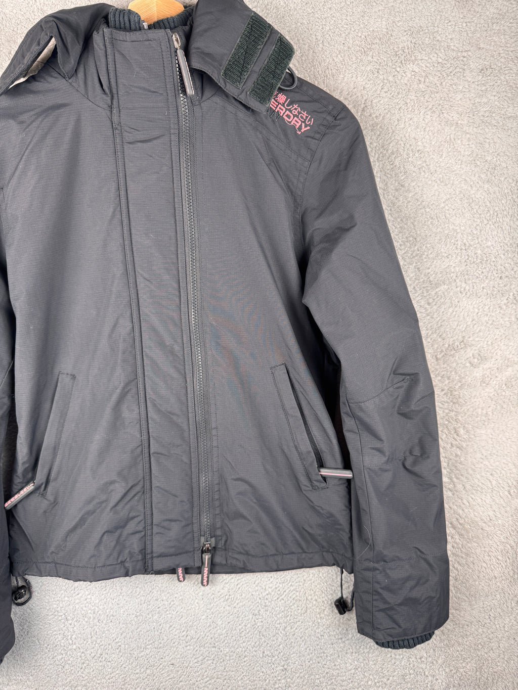 Superdry Womens Small Windcheater Jacket Black Pink Fleece Lined Hooded Coat