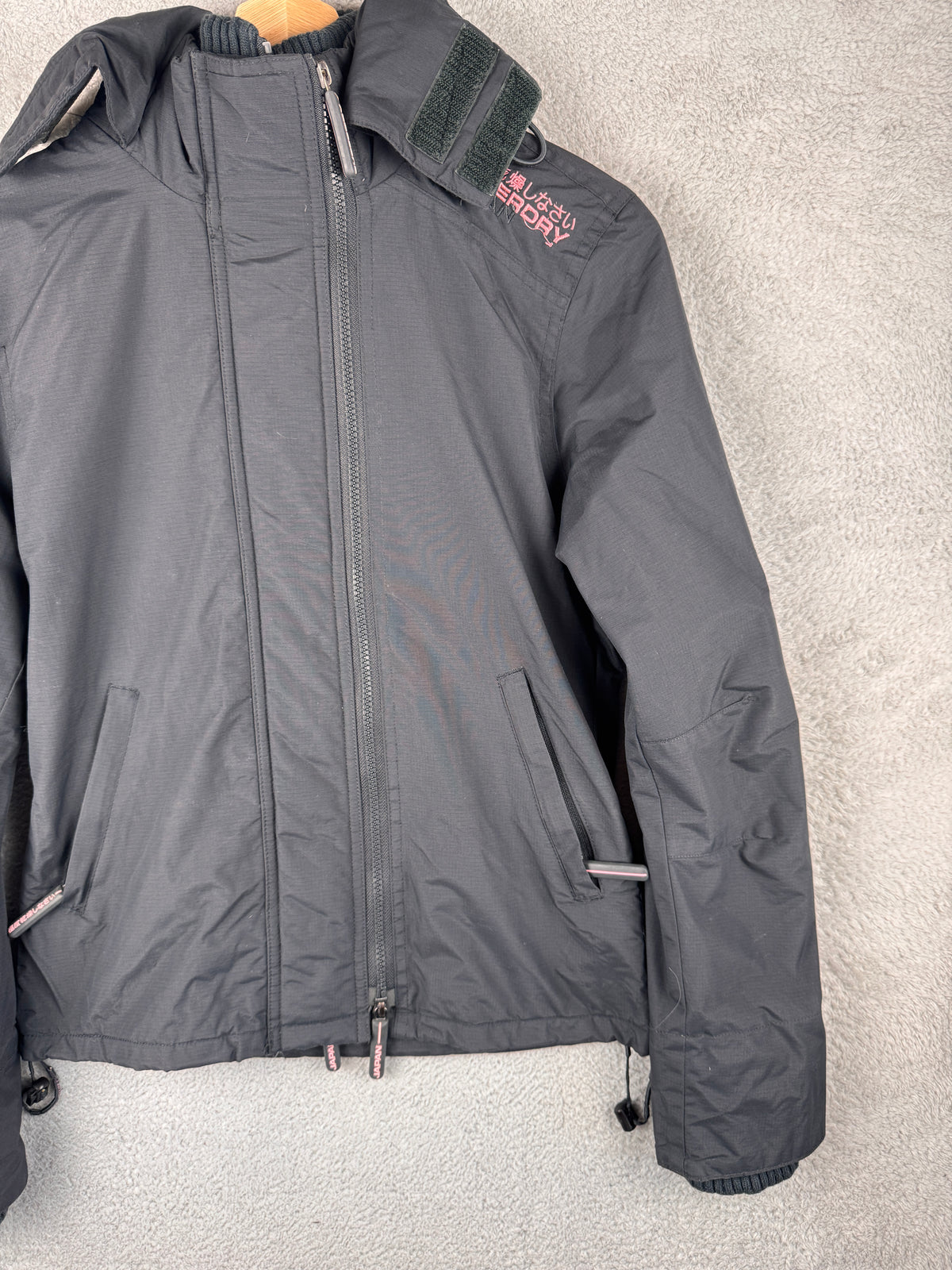 Superdry Womens Small Windcheater Jacket Black Pink Fleece Lined Hooded Coat