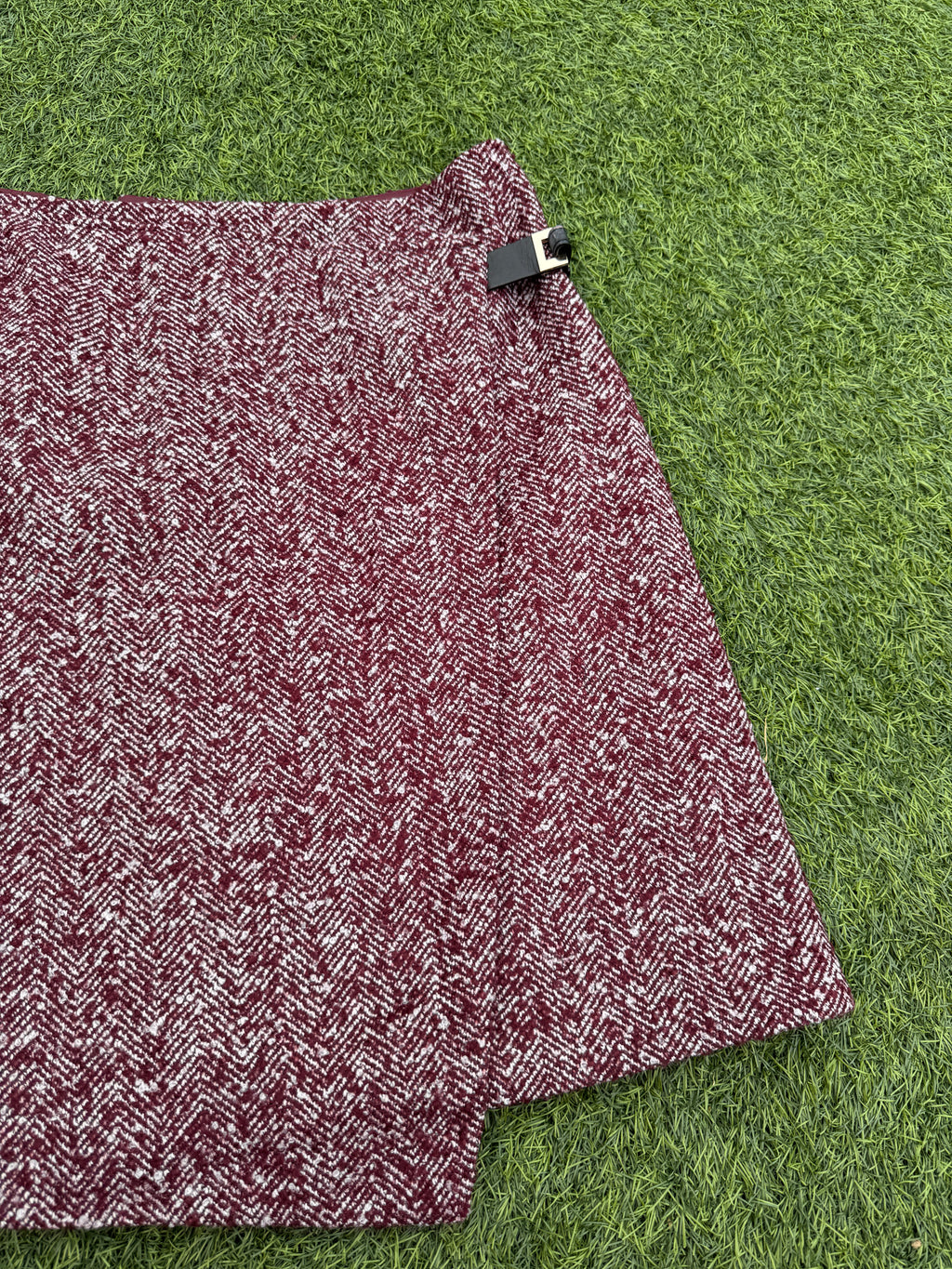 M&S Womens Skirt UK 12 Burgundy Wool Blend Herringbone Wrap Mini