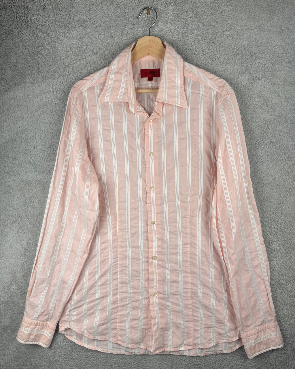 Hugo Boss Mens Shirt Medium Pink White Stripe Long Sleeve